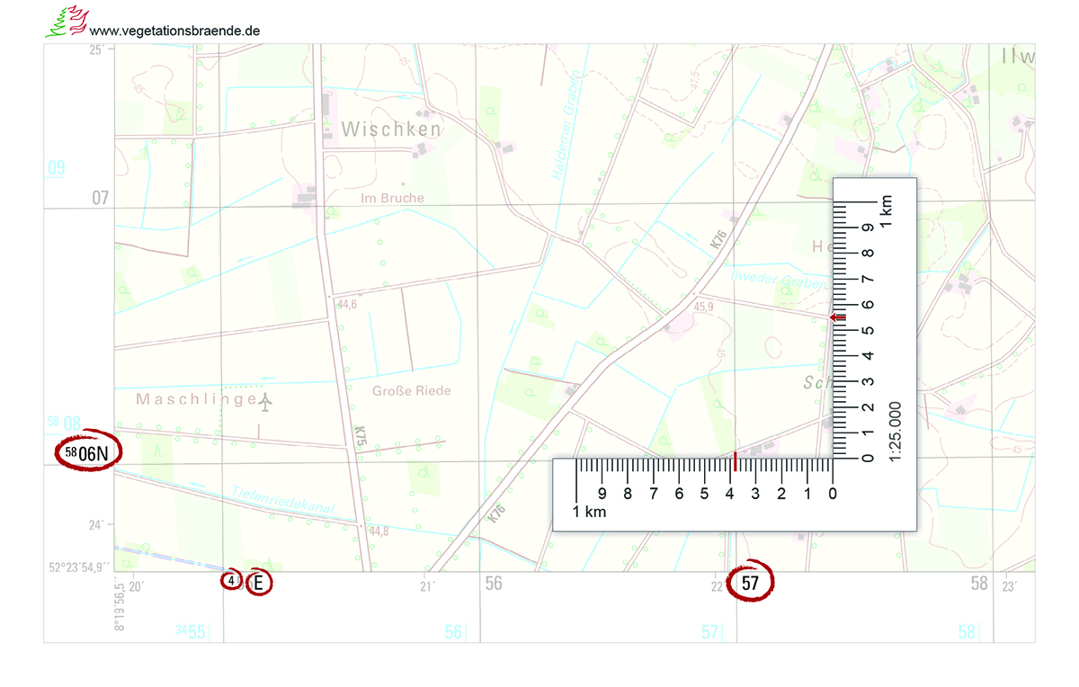 Vorgehen zur Bestimmung von UTM-Ref- und UTM-Koordinaten mit einem Winkel-Planzeiger am Beispiel eines Punktes auf der Karte (Quelle der Grundlagenkarte: Land NRW 2019, TK 25 Blattschnitt 3516)
