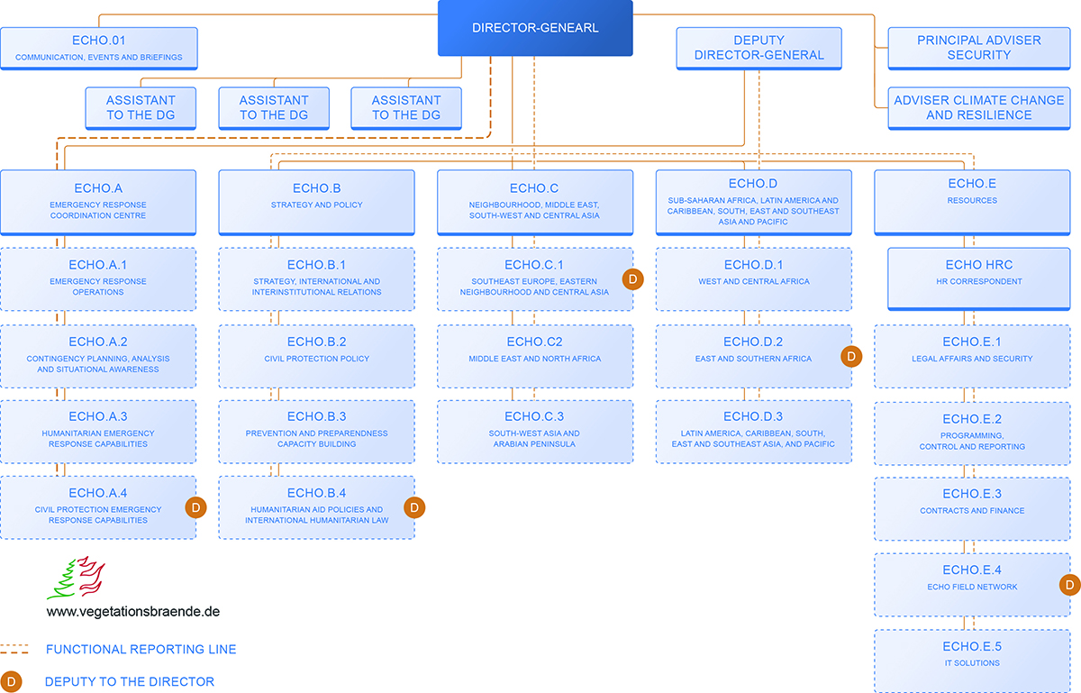 Organigramm der Generaldirektion für Europäischen Bevölkerungsschutz und Humanitäre Hilfe (DG ECHO) nach BBK (Stand: Juni 2024)